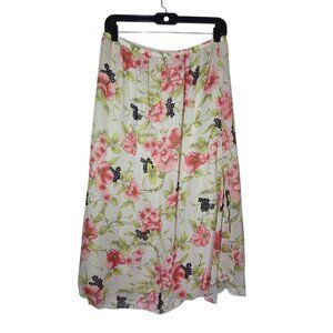 Sag Harbor Floral‎ Pink Green Pull On Midi Skirt W Side Slit L Vintage